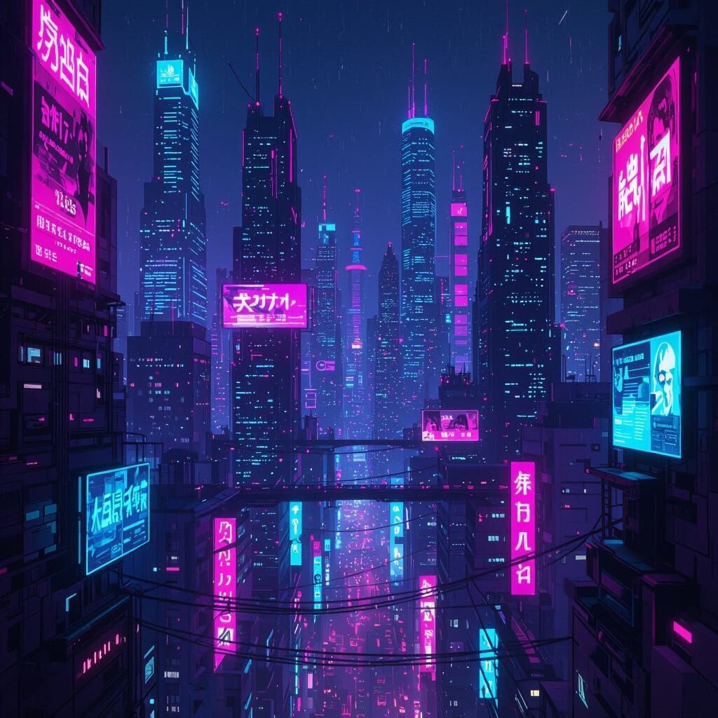Cyberpunk Cityscape with Neon Lights in Anime Style
