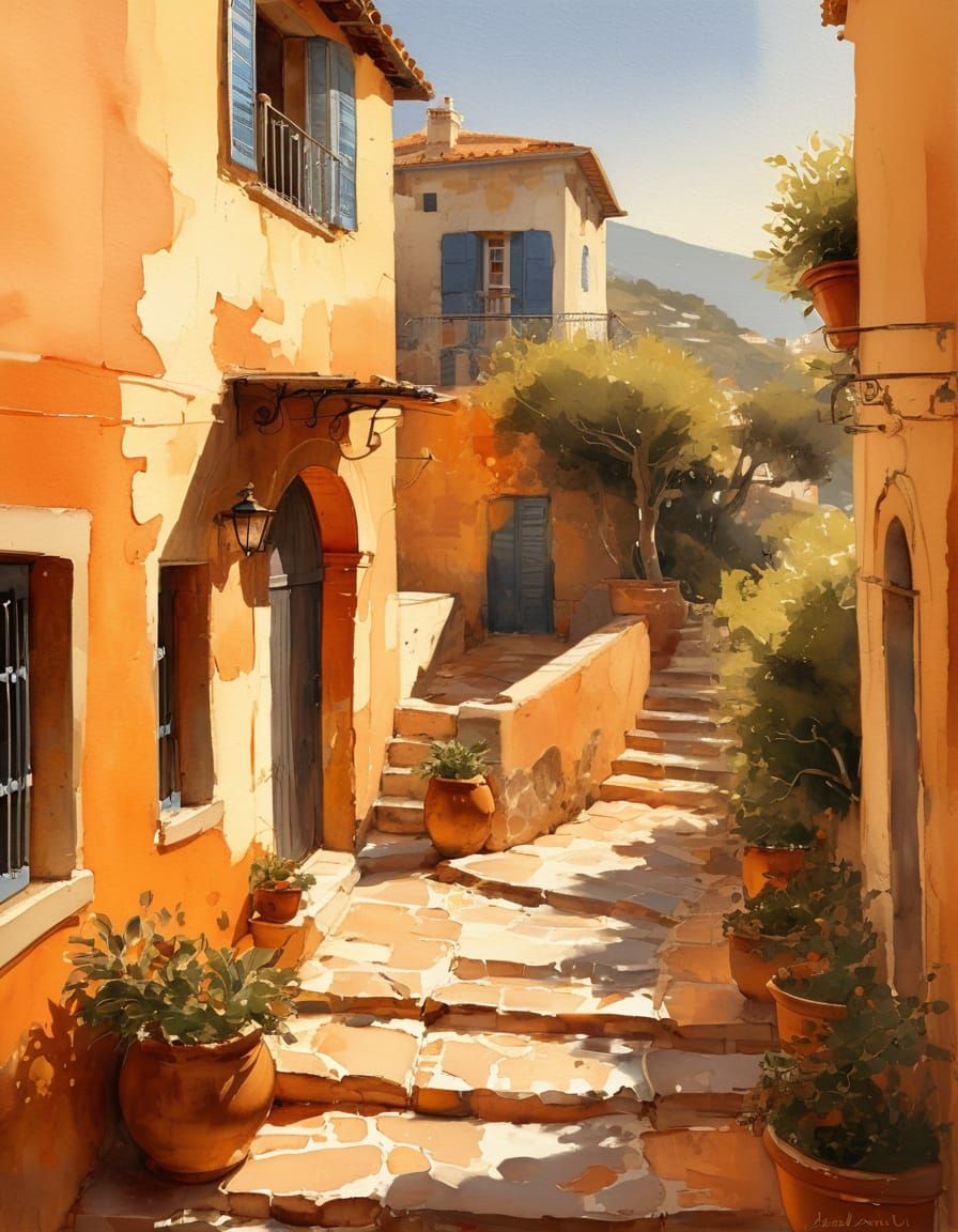 Impressionist Watercolor of French Coastal Village in Golden...