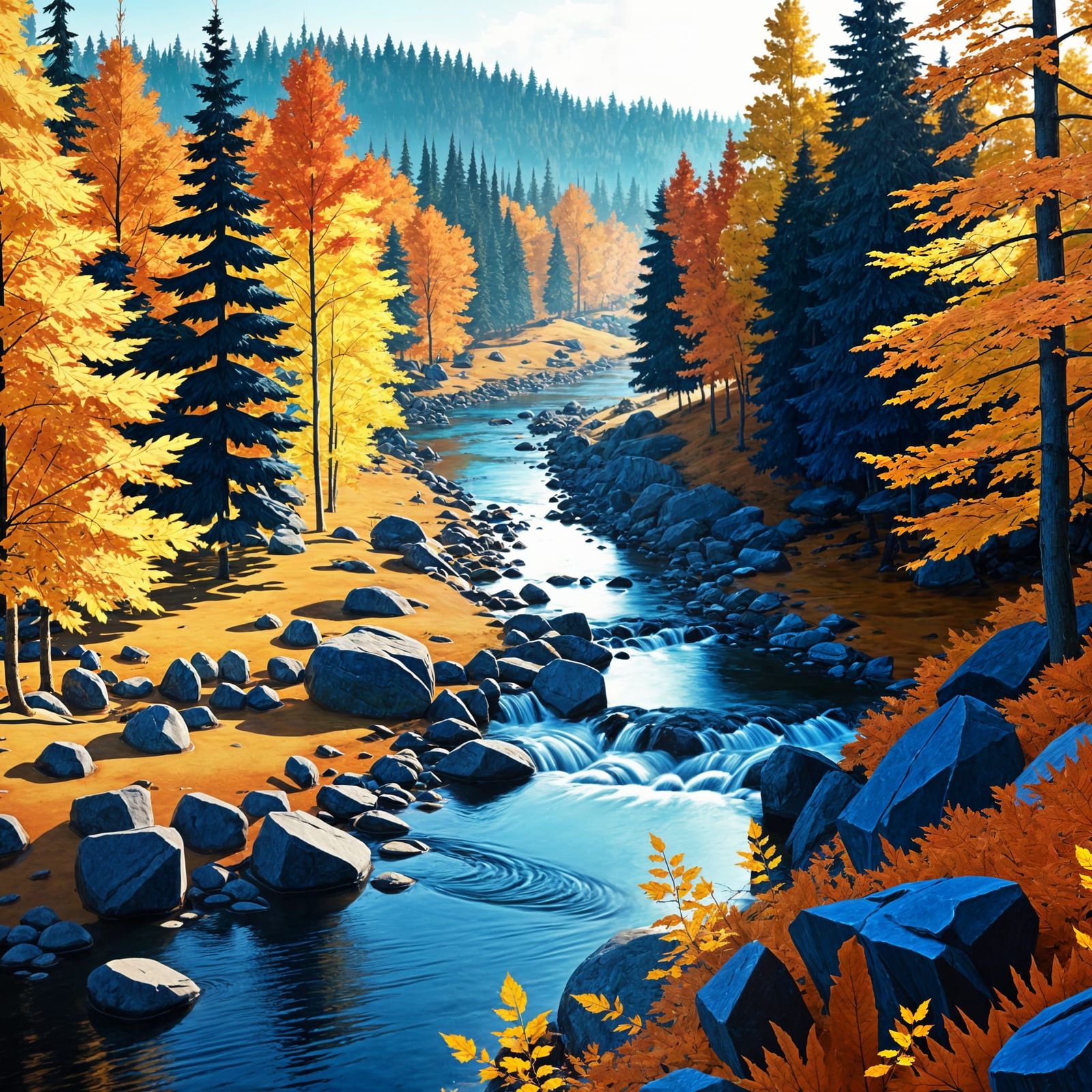 Canadian Autumn River in Detailed 3D Anime Art