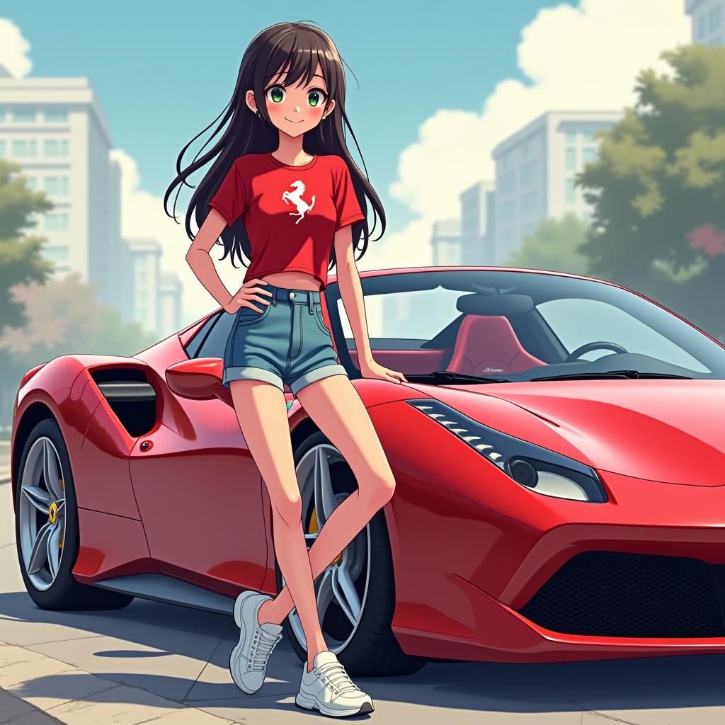 Anime Girl with Ferrari in Manga Style