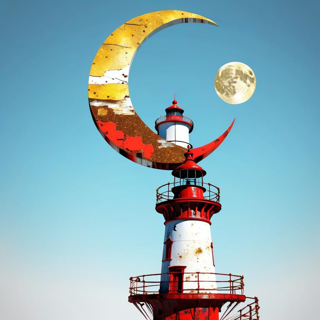 Steampunk Double Exposure: Moon and Lighthouse