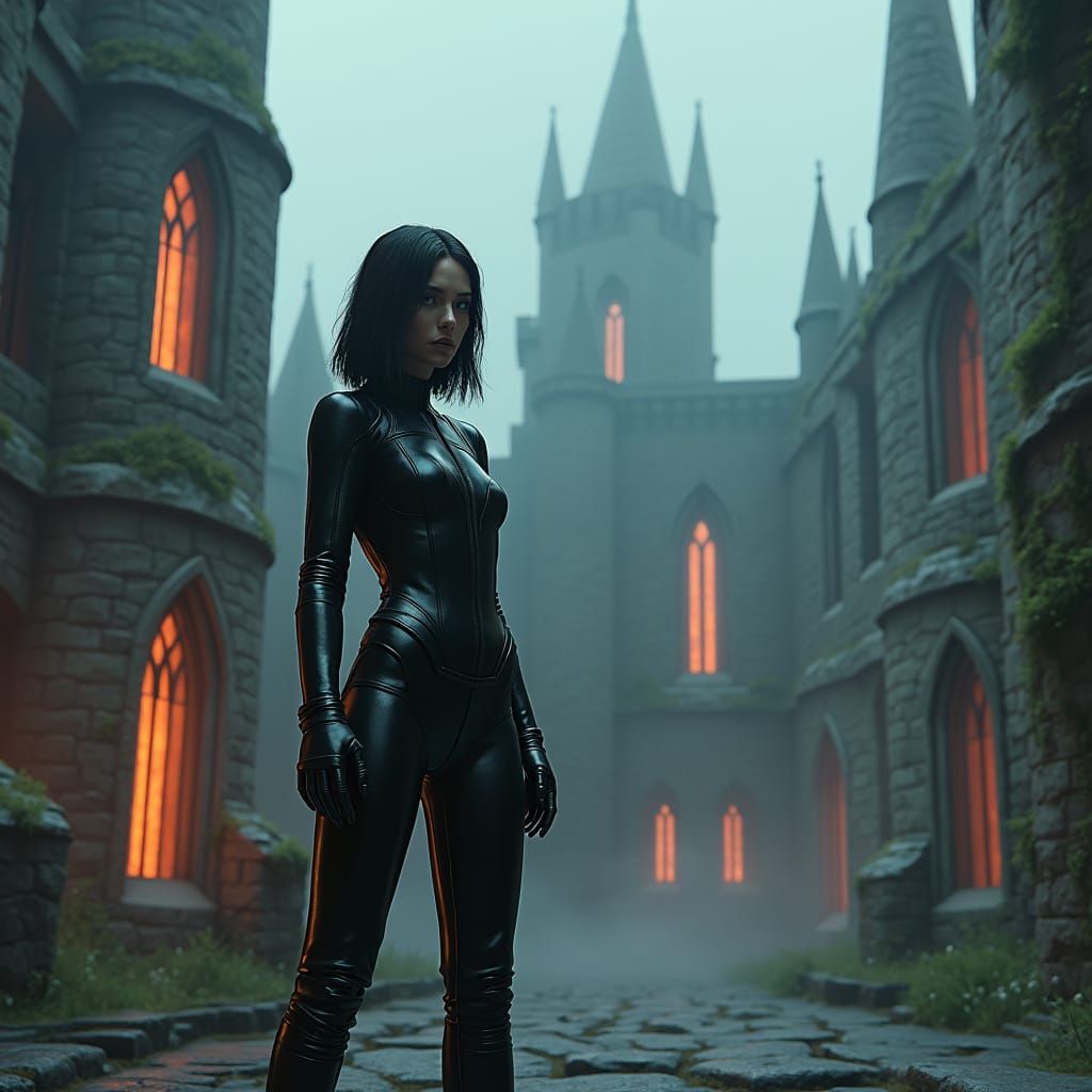 Emma Peel in Leather Jumpsuit at Castle De'Ath