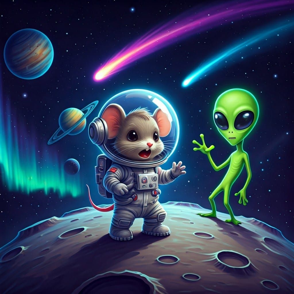 Chibi Mouse Astronaut Meets Alien on the Moon