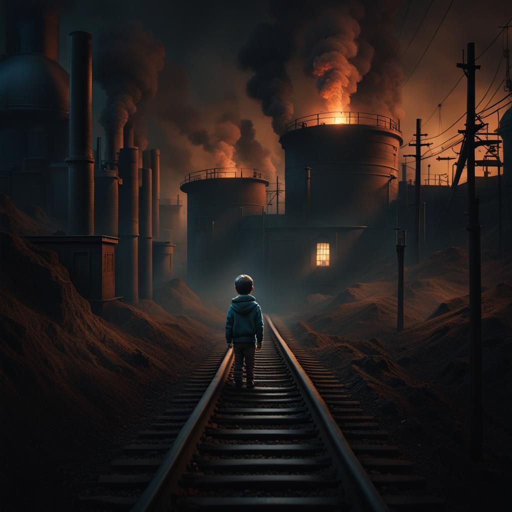 Boy in Dystopian Industrial Wasteland, Digital Art