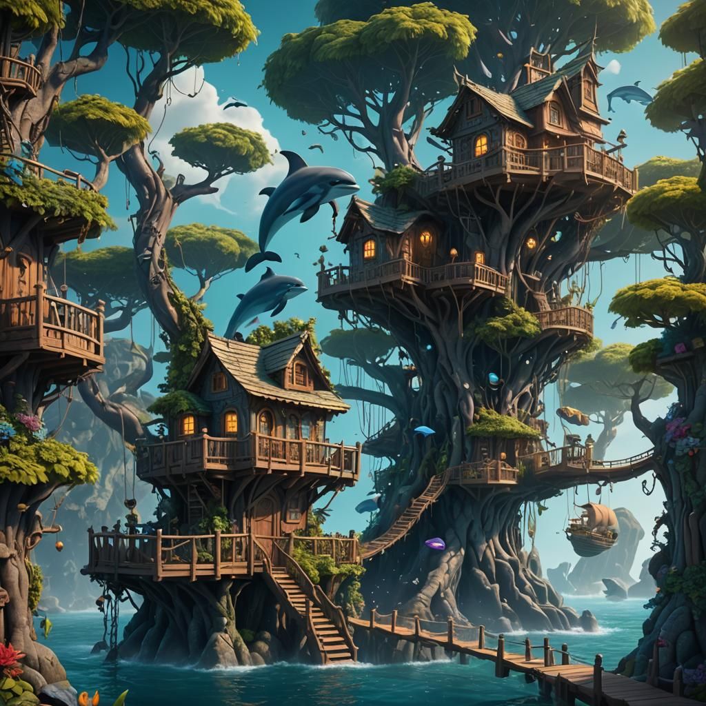 Treehouse in the Sea with Dolphins: Detailed Matte Painting