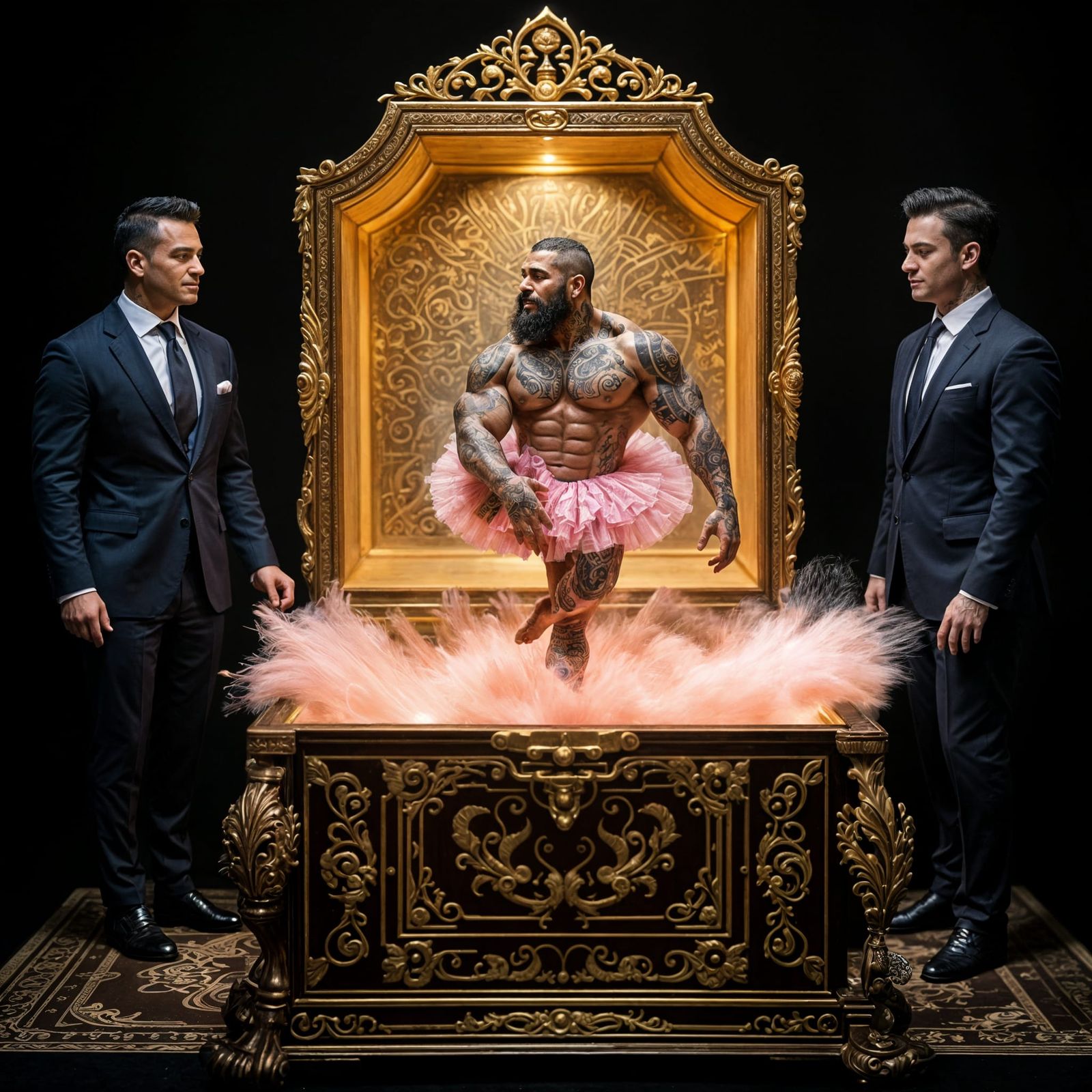 Businessmen Gaze at Miniature Bodybuilder in Music Box