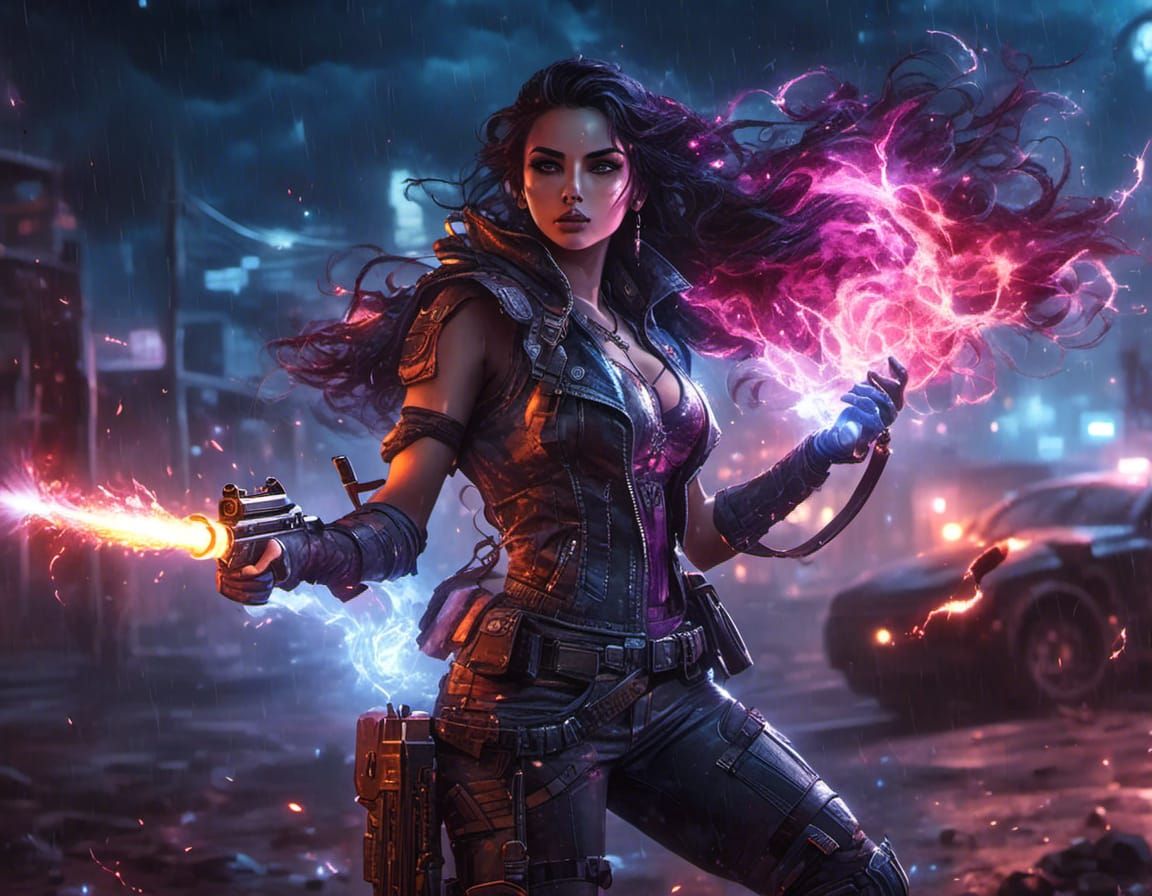 Magical Warlock Deity Fires Luminous Machine Gun