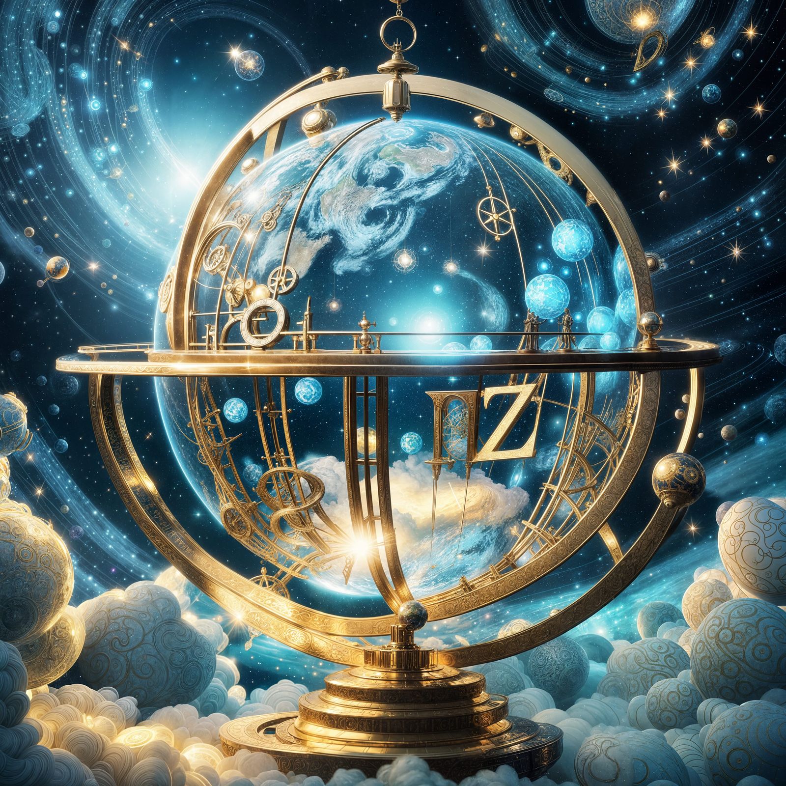 Luminous Globe Surrounded by Shimmering Letters in Digital A...