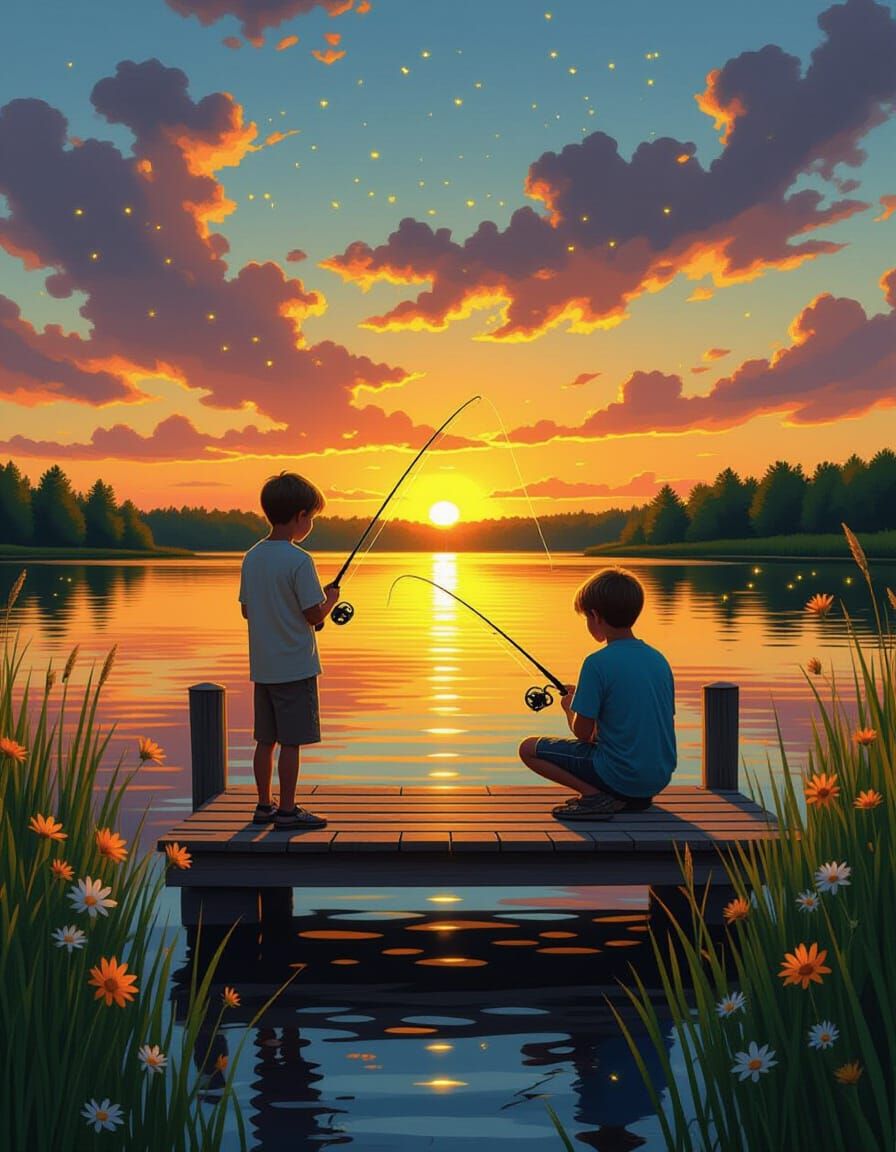 Boys Fishing at Sunset on Idyllic Lake