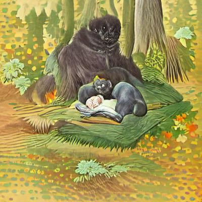 Gorilla Holding Kitten in Forest