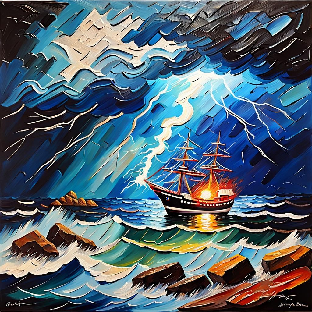 Ship Wrecked During Lightning Storm as Impasto Painting