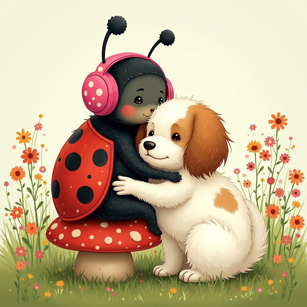 Ladybug and Papillon Dog Embrace in Storybook Style