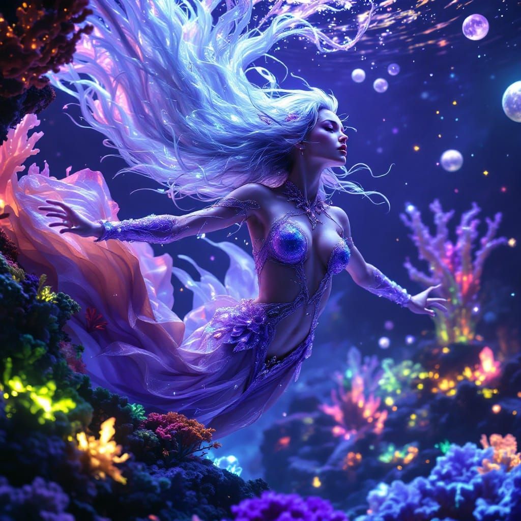 Ethereal Siren in Bioluminescent Waters, a Masterpiece of Fa...