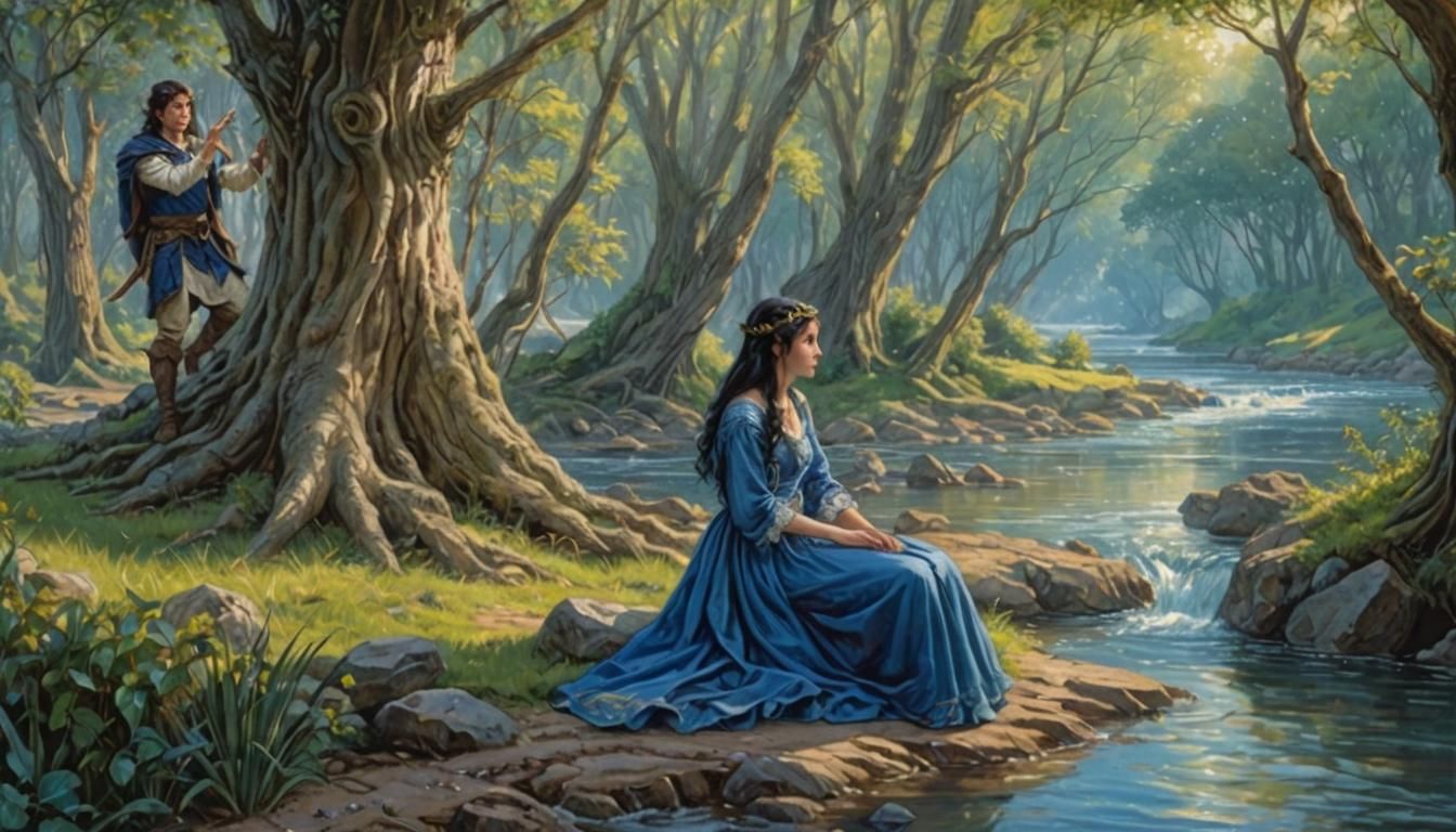 beautiful, black haired elf maiden, wearing a blue gown, sits at a river, a man looks at her from the fro behind a tree,...
