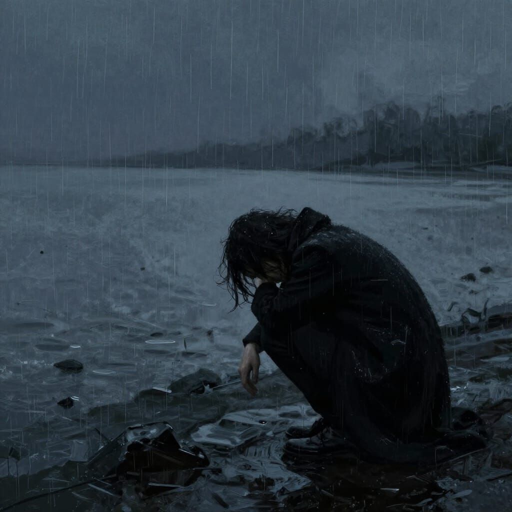 Desolate Figure in Monochromatic Rainstorm