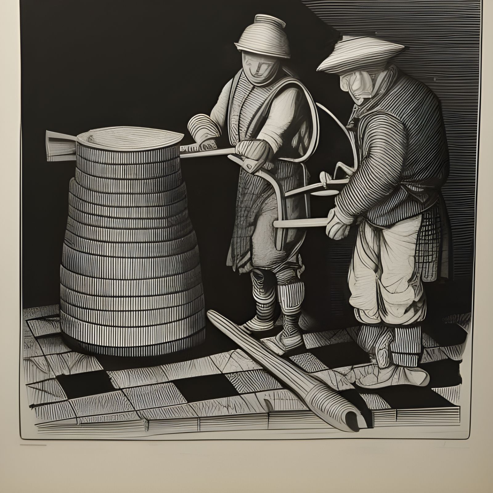 Checkered Workers Forging Wheel in Linocut Style