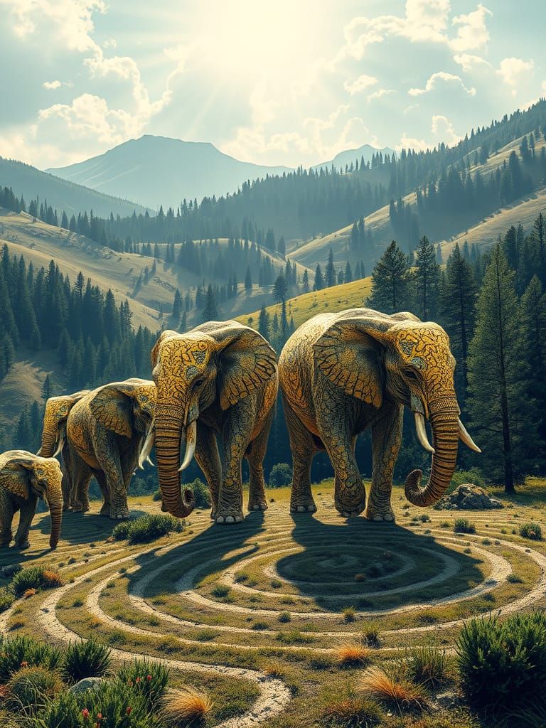 Goldleaf Elephants Roam Vibrant Fibonacci Valley