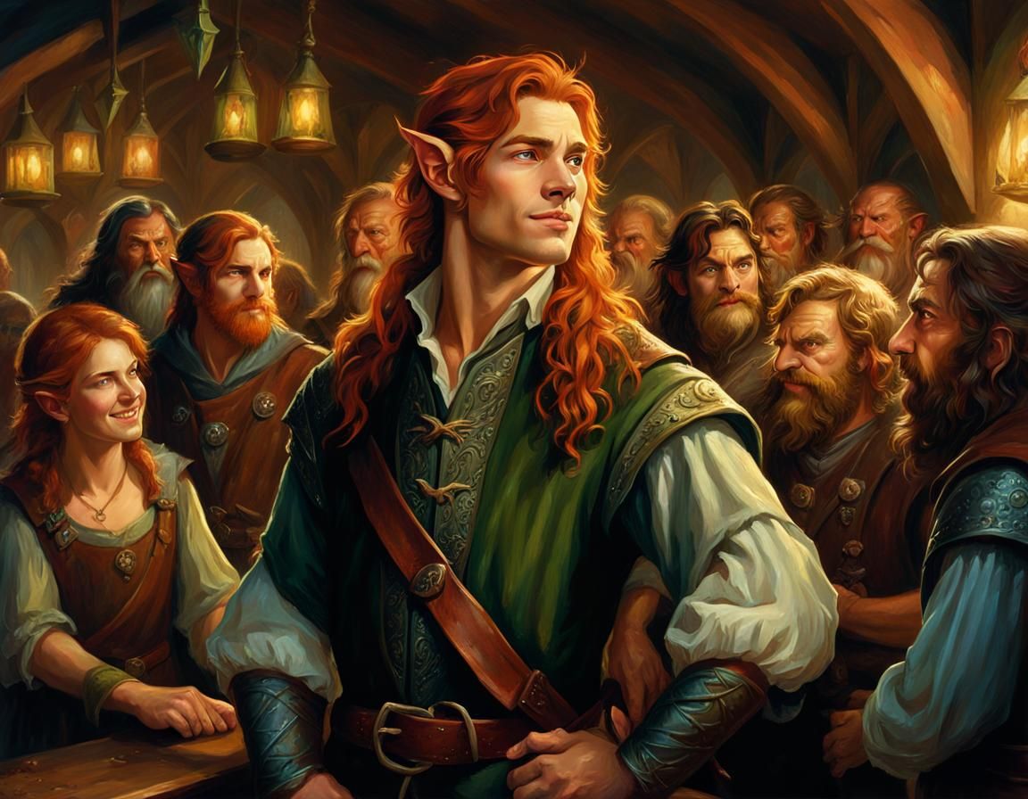 Elven Bard Entertains Tavern in Oil Painting Style