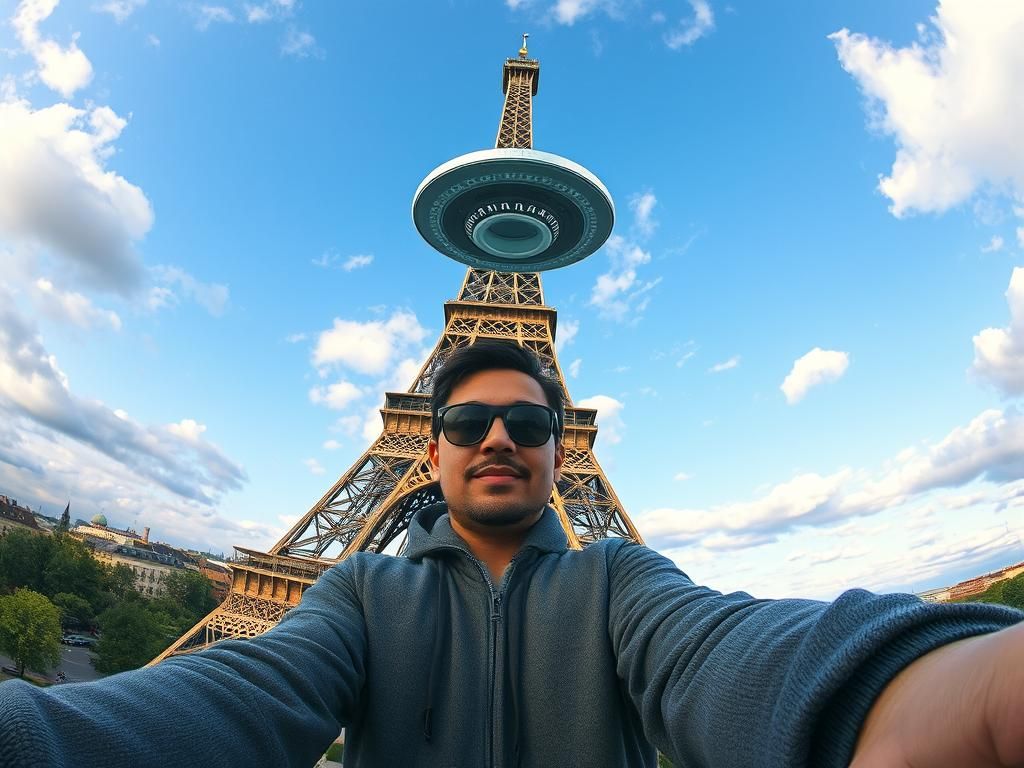 Selfie with UFO over Eiffel Tower in HDR