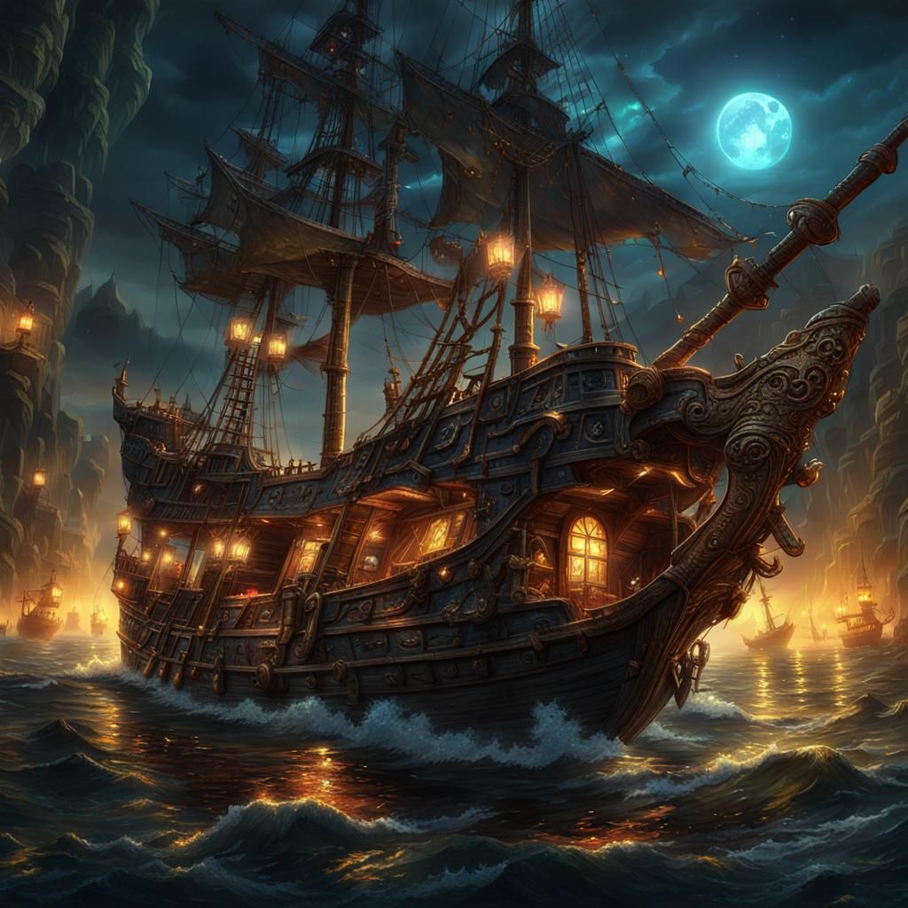 Luminous Pirate Boat in Dark Fantasy Style