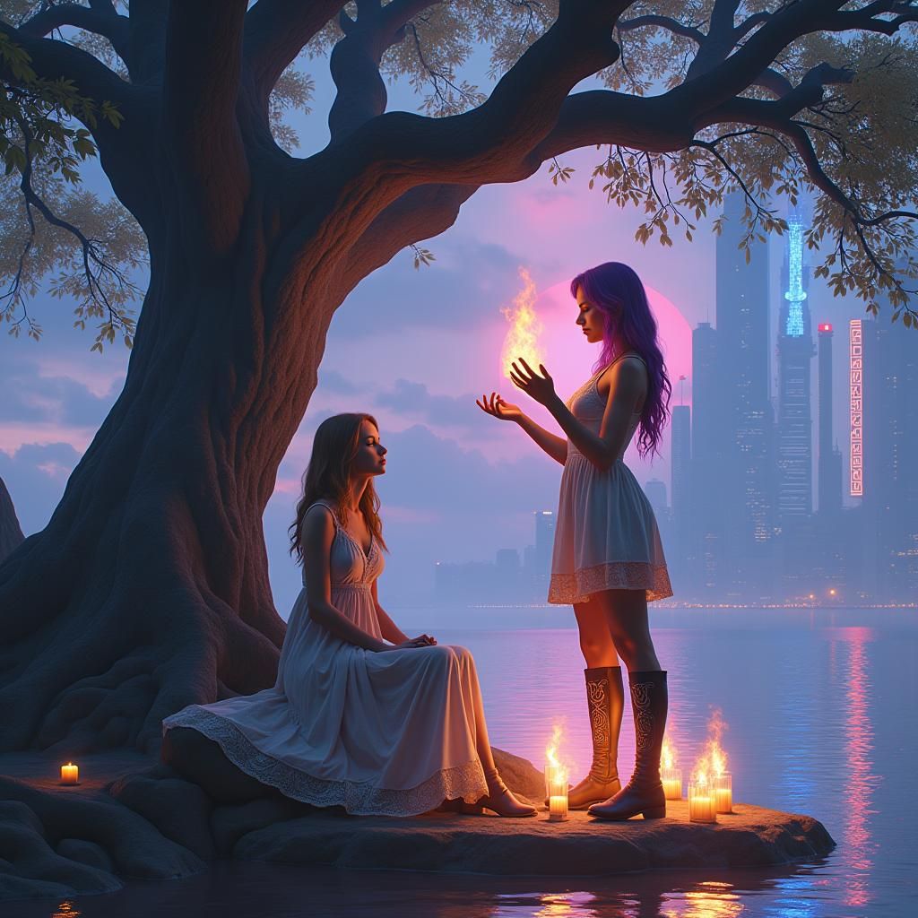 Gemini Twins Perform Pagan Ritual in Cyberpunk Cityscape