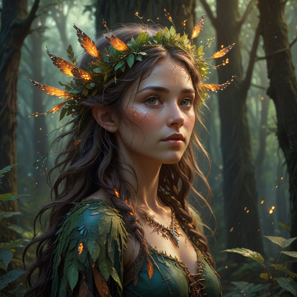 Female Druid in Forest, Oil Painting