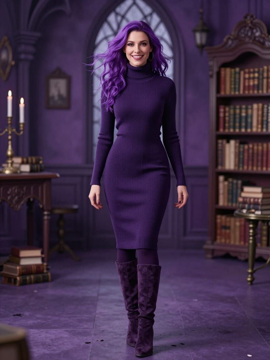 Woman in Purple Gothic Study, Photorealistic Style