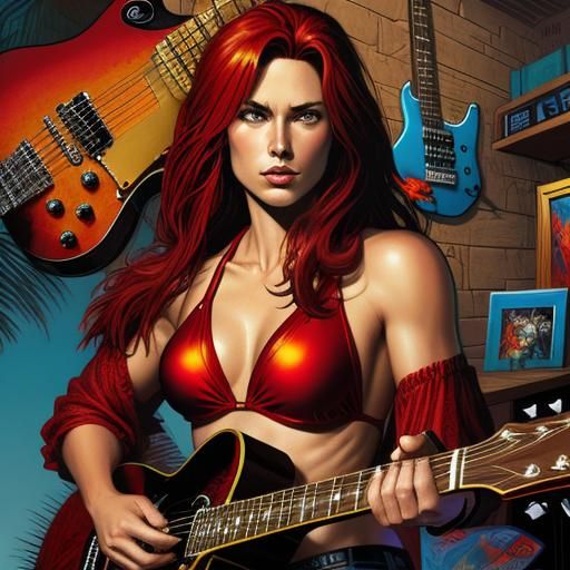 Red Bikini Model Plays Guitar: Comic Book Art