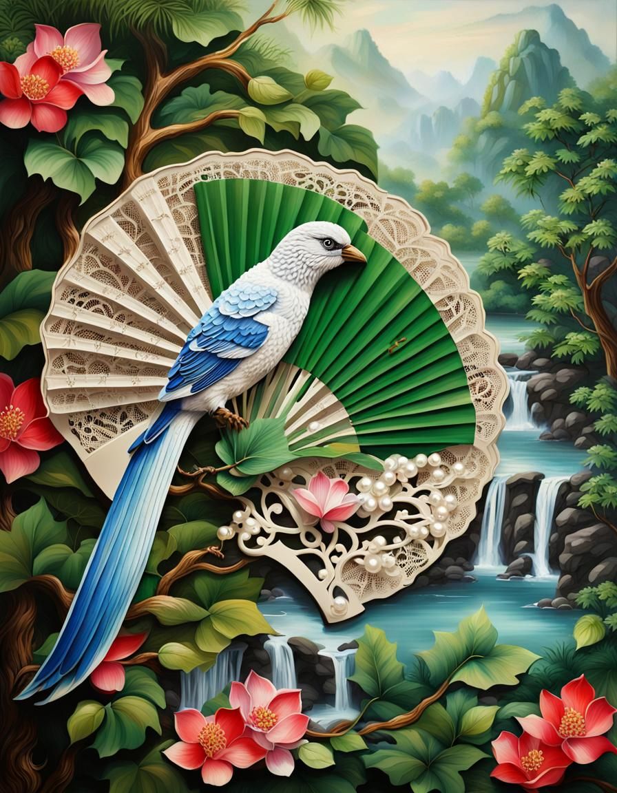 Lace Painted Chinese Fan: Tropical Jungle Bird