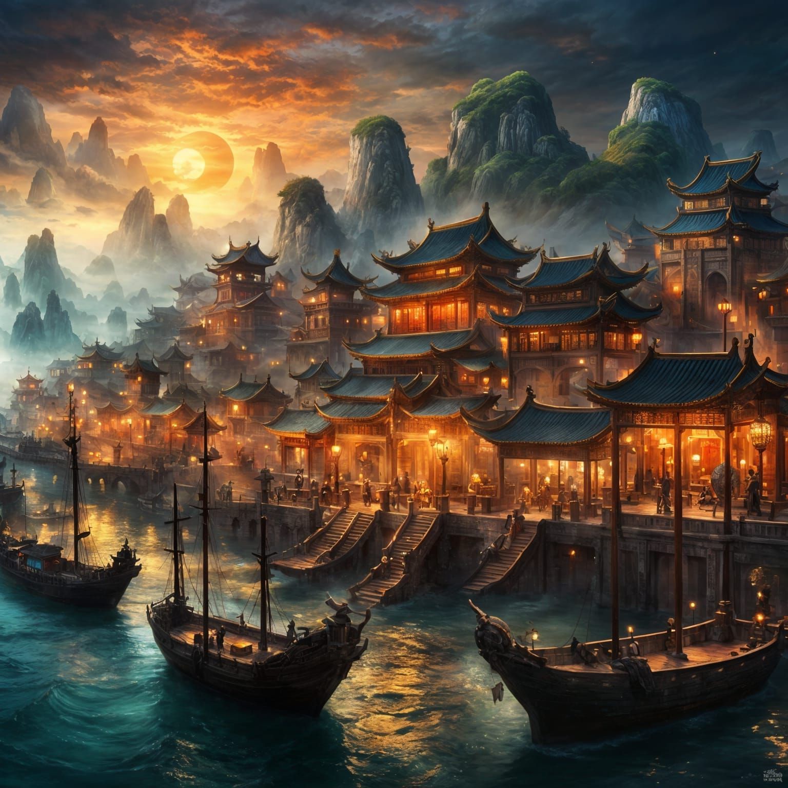 Colorful Dark Fantasy Seaside City