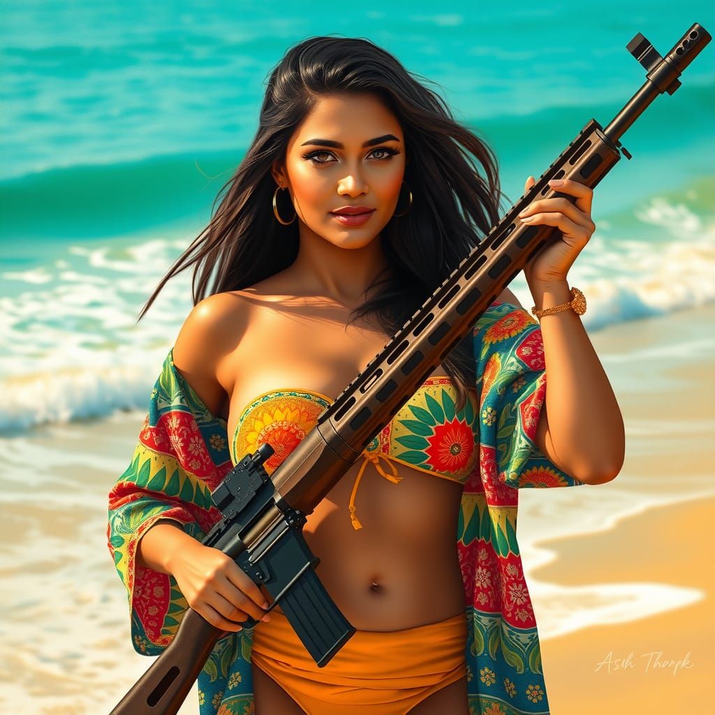 Woman with Rifle on Beach in Stylized Realism