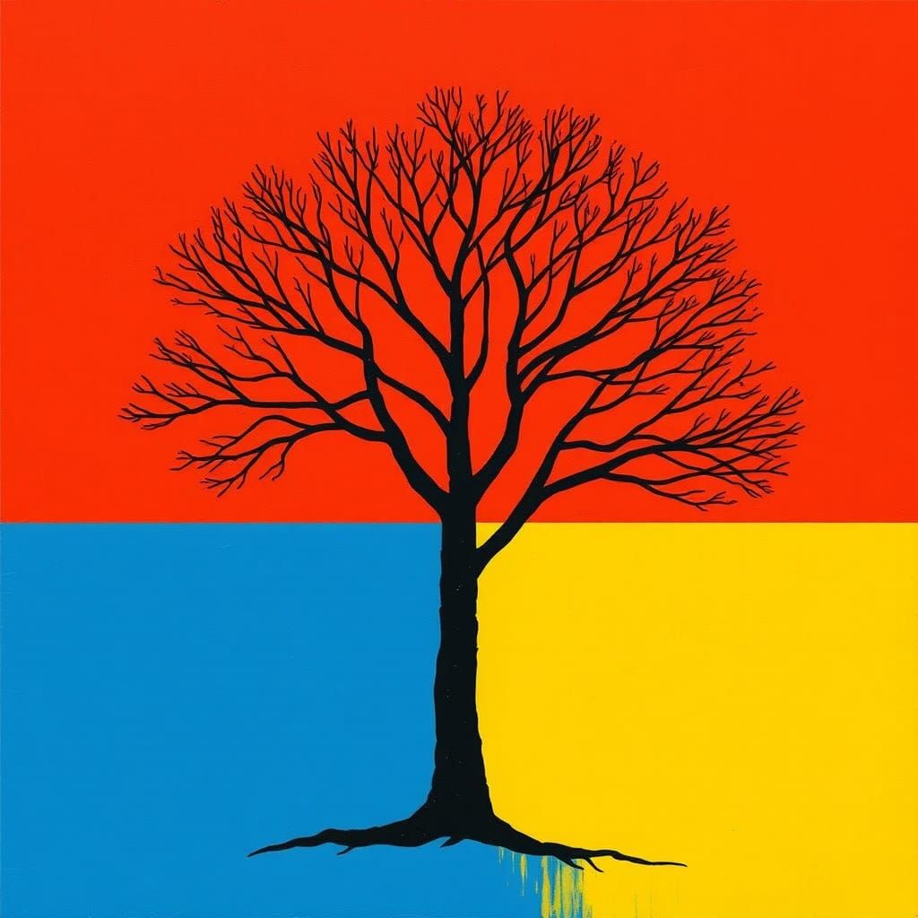 Hard line dry brush construction paper painting of a tree, color field, Precisionism, pop art Kazimir Malevich