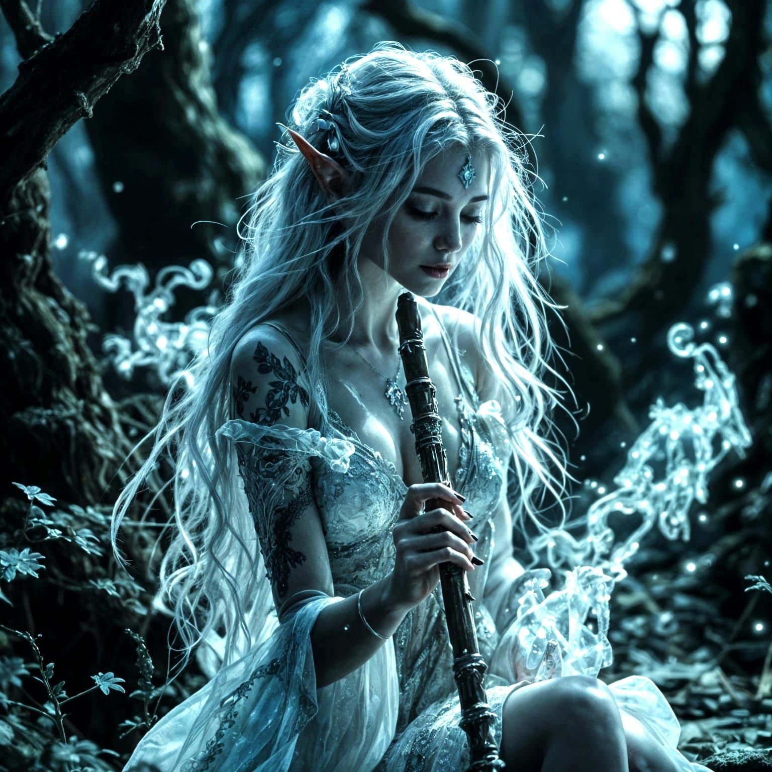 Elven Enchantress Plays Flute in Moonlit Forest