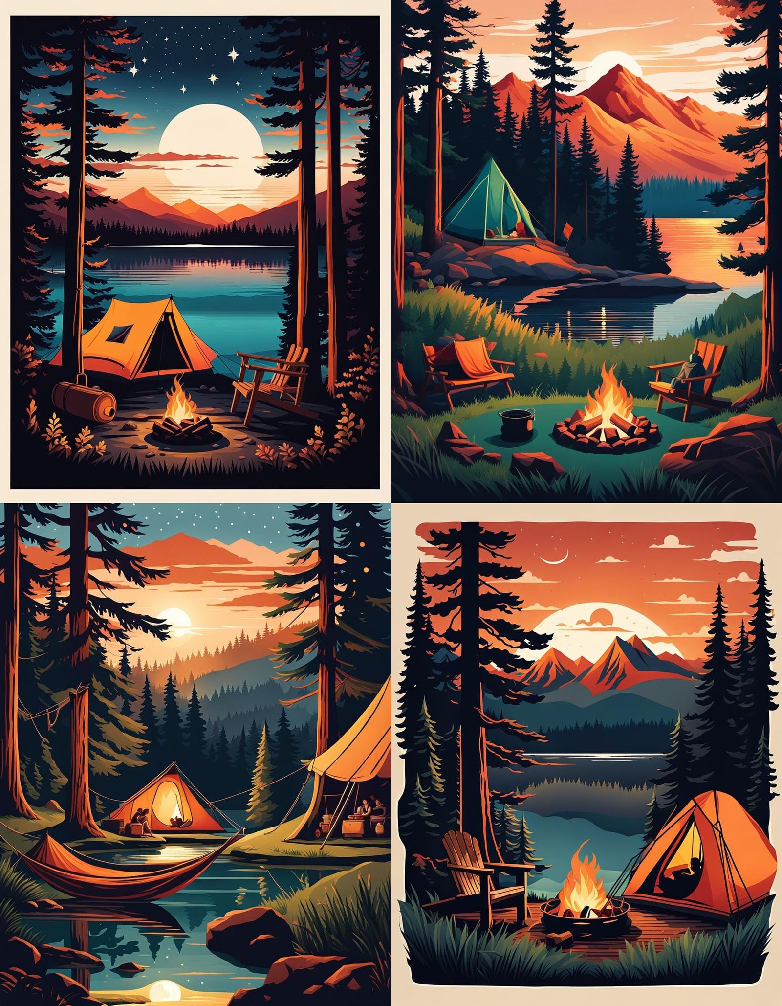 Cozy Campsite Illustration with Campfire and Starry Sky