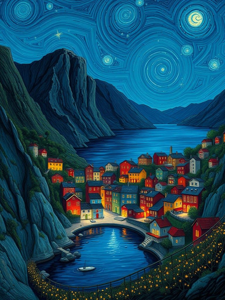 Whimsical Coastal Village under Starry Indigo Sky
