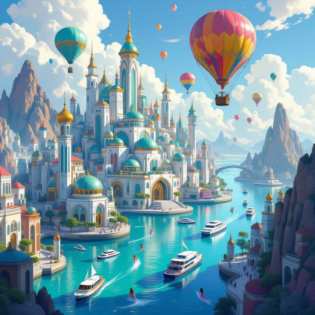 Futuristic Floating City with Mermaids and Hot Air Balloons