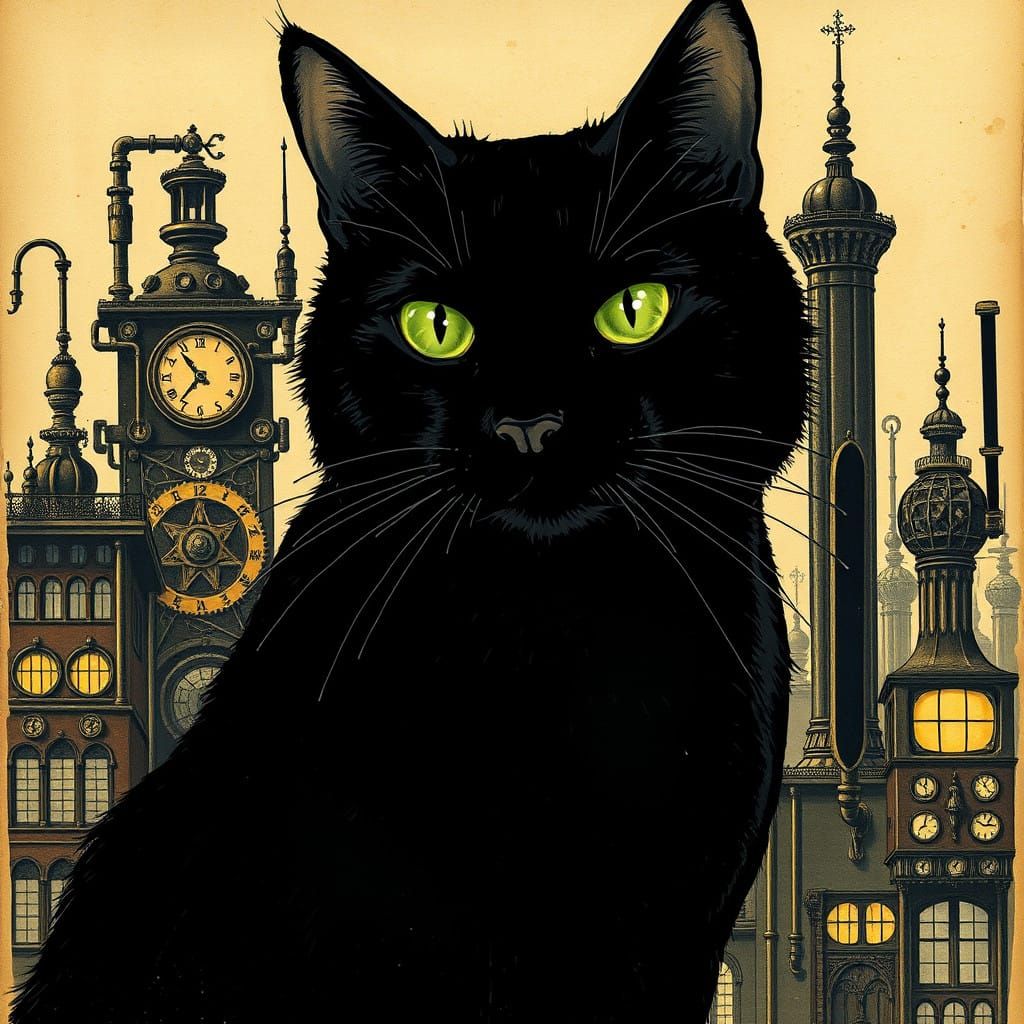 Sleek Black Cat Reigns Over Steampunk Metropolis