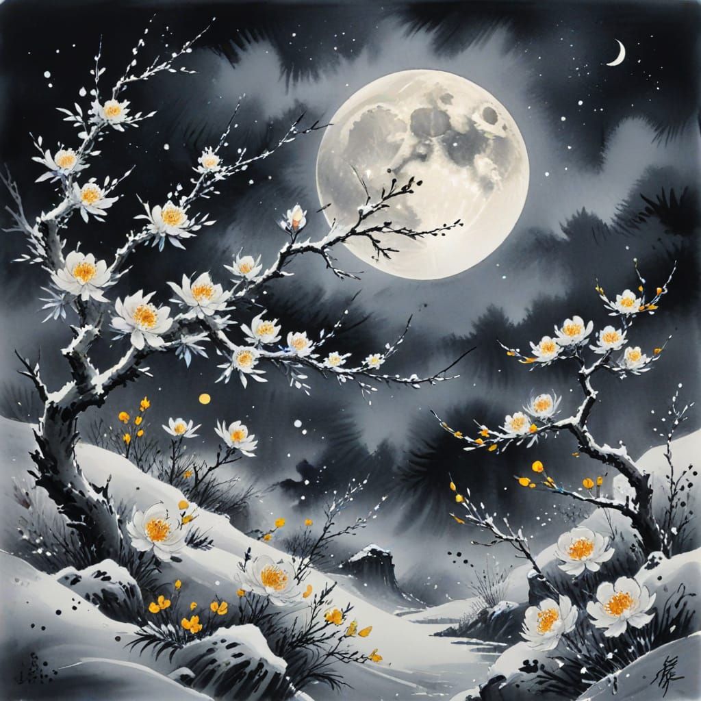 Snowy Moonlit Night Chinese Ink Painting