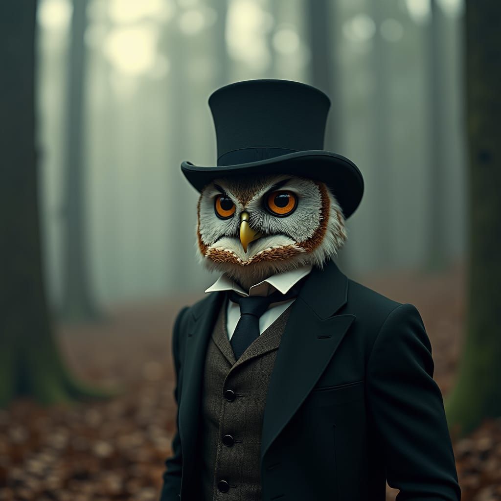 Eastern Screech Owl in Suit: Hyper-Realistic Cinematic Portr...