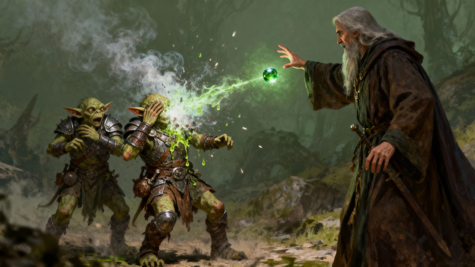 Wizard Casts Acid Splash Spell on Goblins