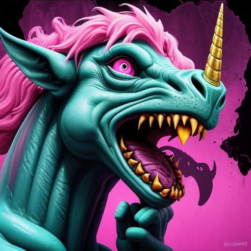 Grotesque Gargoyle Eats Neon Unicorn in Surreal Digital Art