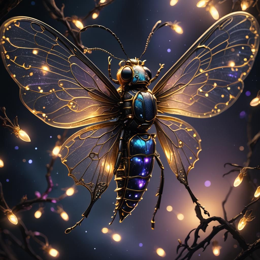 Glass Firefly with Glowing Abdomen in Dark Fantasy Style