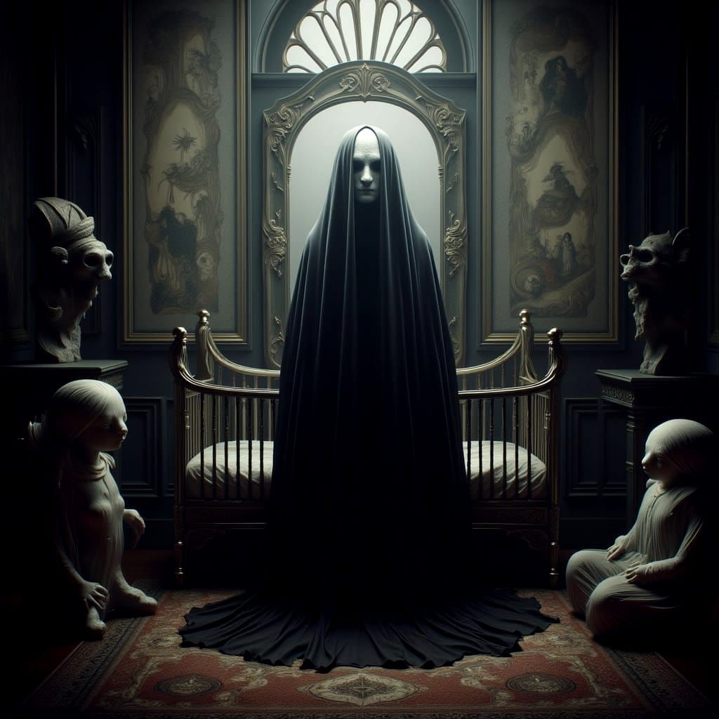 Ethereal Male Figure in a Dark, Gothic Nursery