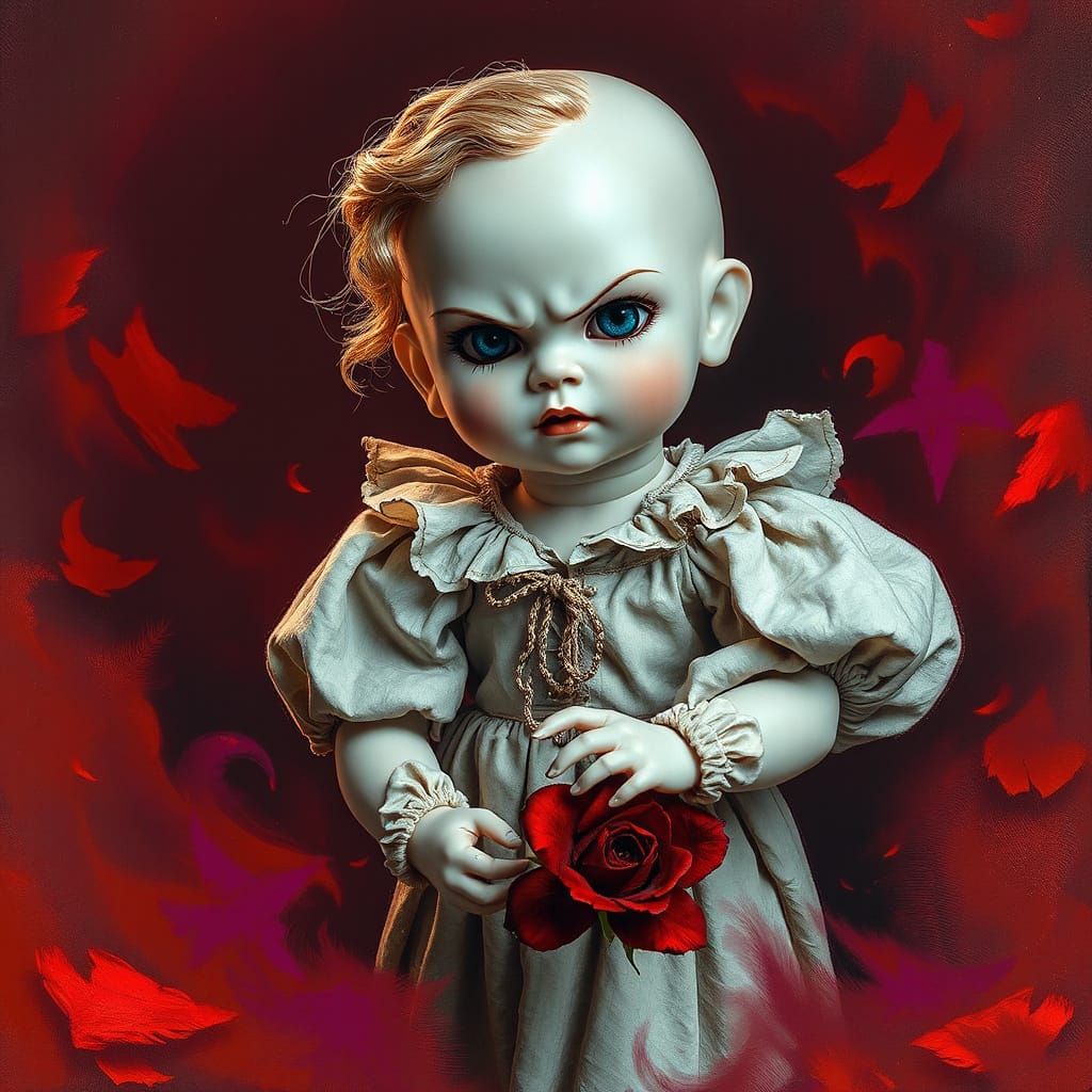 Ethereal Doll Lost in Dark, Surreal Maroon Mist
