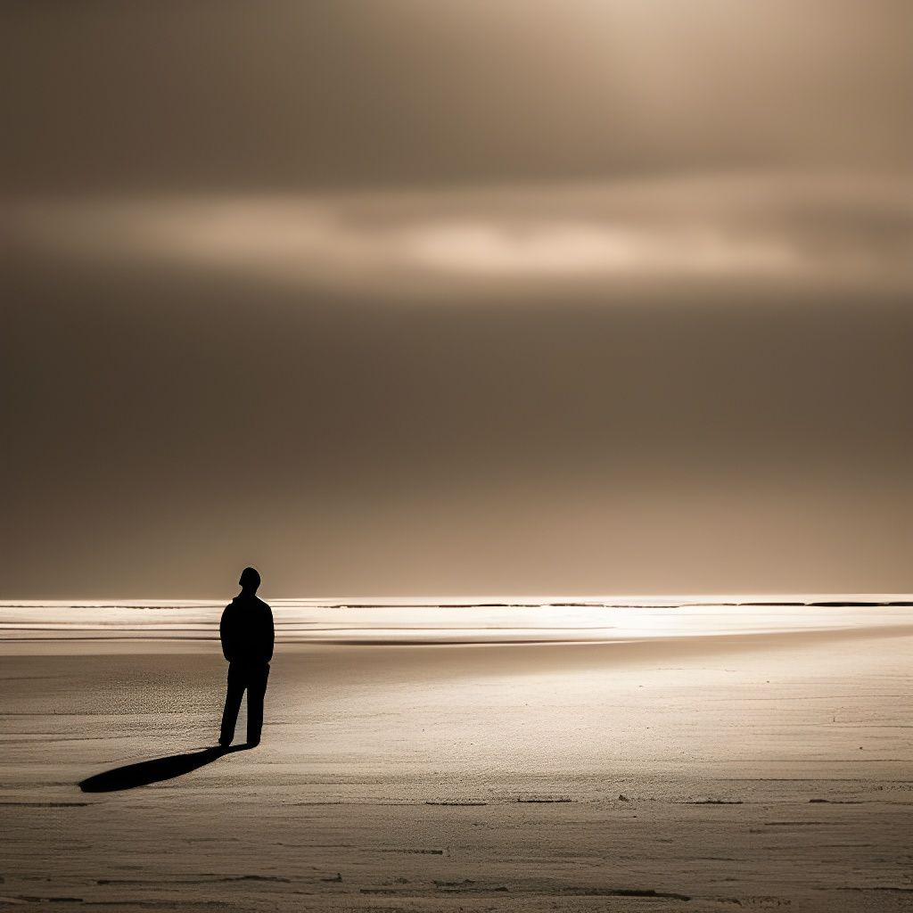 Charcoal Drawing of Solitary Figure on Desolate Beach