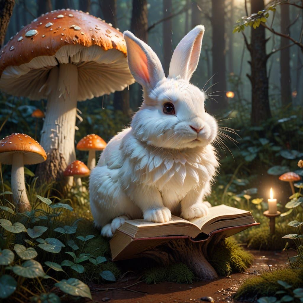 Cozy Rabbit Reads Under Mushroom in Enchanted Forest Glow