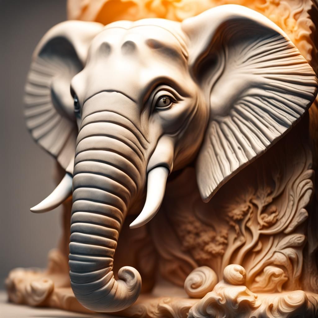 Detailed Alabaster Elephant Carving in Splash Art Style