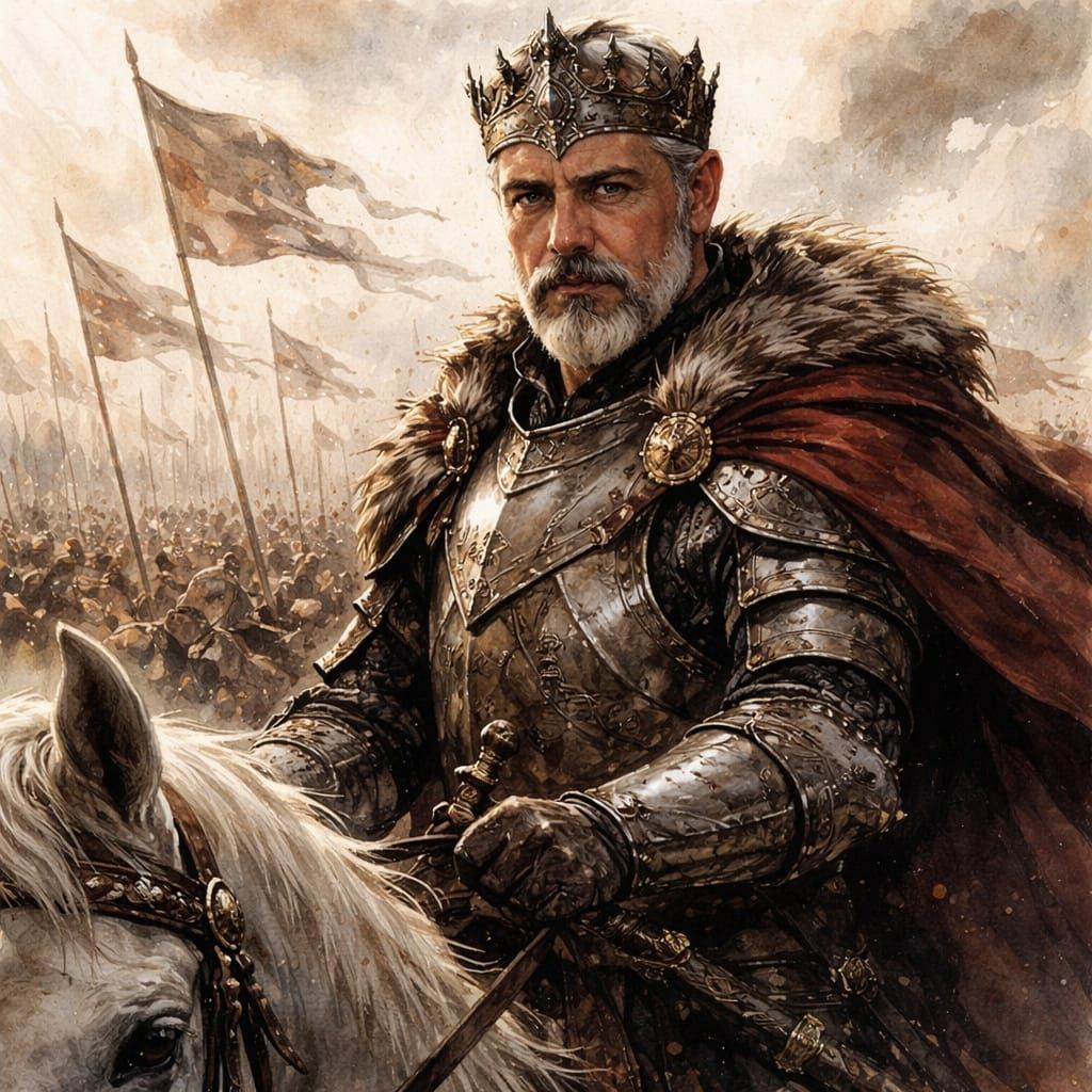 Medieval Warrior King on Horseback in Watercolor Style