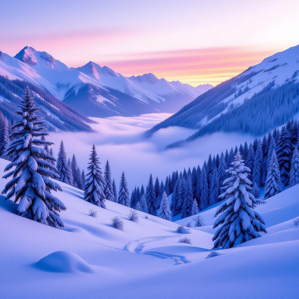 Serene Winter Mountain Dawn with Misty Valleys