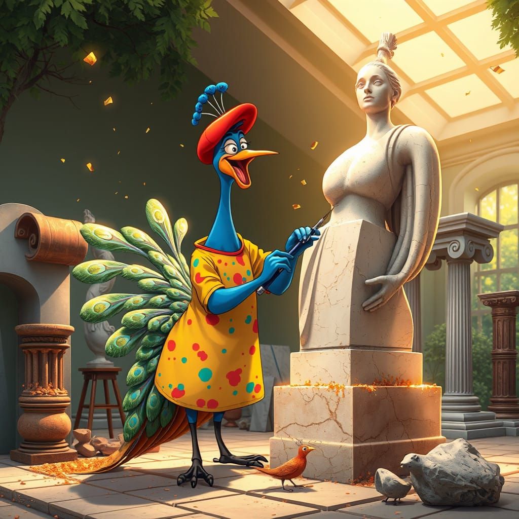 Vibrant Peacock Artist Chisels Marble Statue